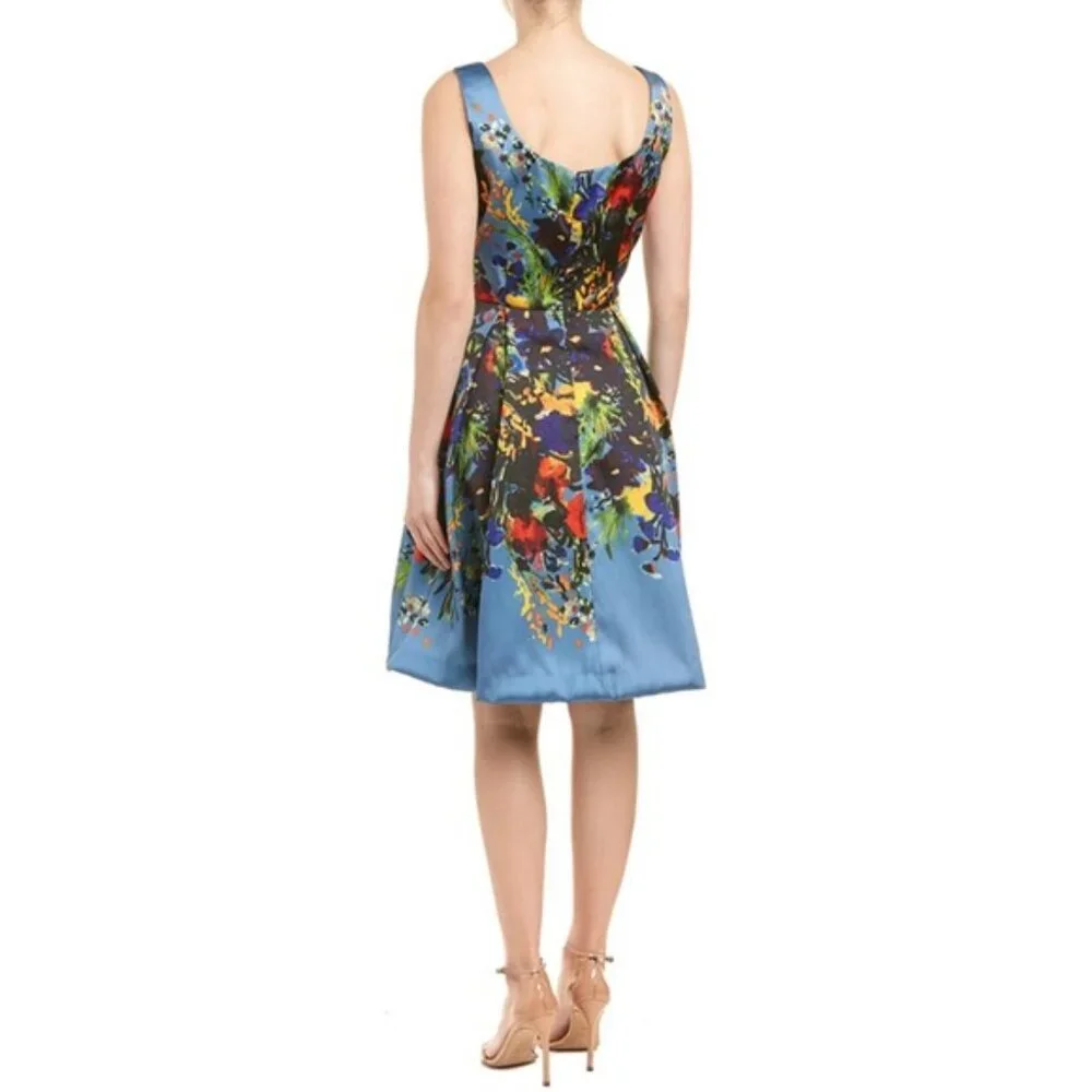David Meister Blue Floral Fit Flare Sleeveless Scoop Neck Party Dress - Picture 7 of 11